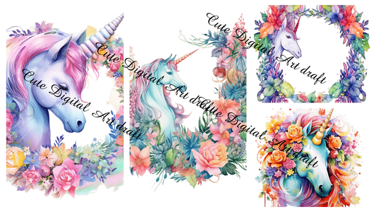 Enchanting Unicorn Delight: Whimsical Clip Art Collection with Floral Flourish
